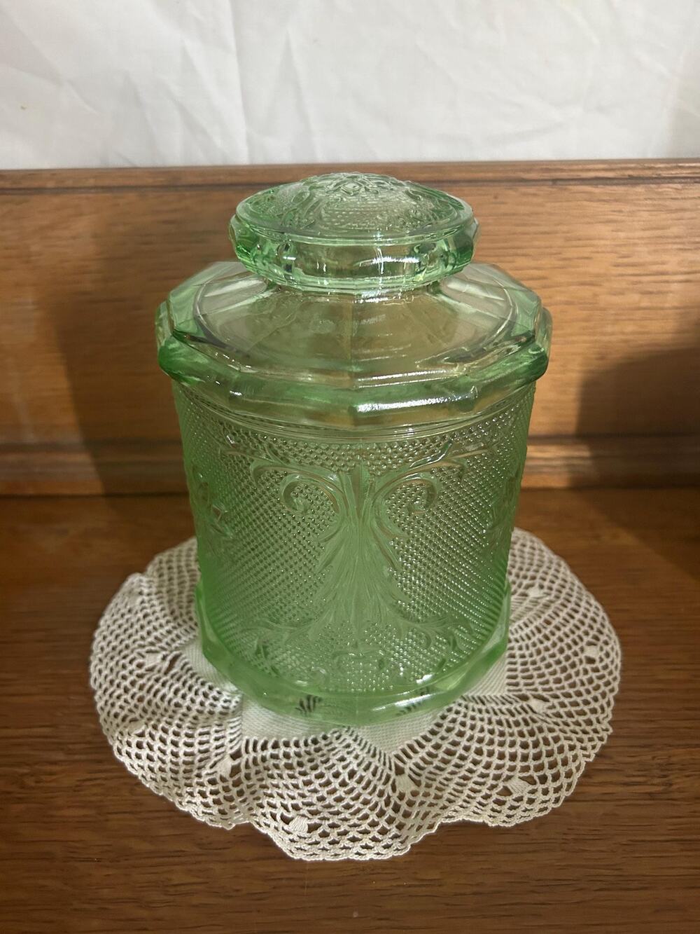 Vintage Tiara Exclusives Chantilly Green Sandwich Glass Canister with Lid